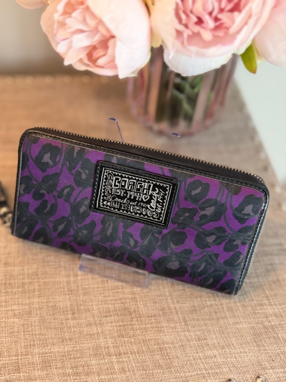 Coach Purple and Black Leopard Print Zip Wallet